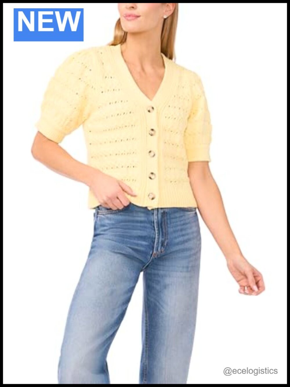 Chunky Knit Short Sleeve Cardigan Cotton Blend Lightweight Crew Neck
